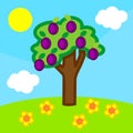 Cartoon summer landscape with plum tree with ripe fruits Royalty Free Stock Photo