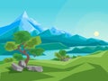 Cartoon Summer Mountain and River on a Landscape Background. Vector Royalty Free Stock Photo