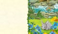 Cartoon summer scene with beautiful rabbit and flying butterfly near the stream - illustration for children