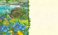 Cartoon summer scene with beautiful rabbit and flying butterfly near the stream - illustration for children