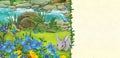 Cartoon summer scene with beautiful rabbit and flying butterfly near the stream - illustration for children