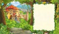 Cartoon summer scene with castle in the forest with frame for text - nobody on the scene
