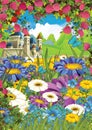 Cartoon summer scene castle on the meadow with roses - nobody on scene