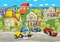 Cartoon summer scene with cleaning cistern car driving through the city and police chase with sports car driving near