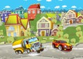 Cartoon summer scene with cleaning cistern car driving through the city and sports car driving near