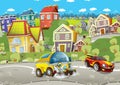 Cartoon summer scene with cleaning cistern car driving through the city and sports car driving near