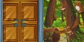 Cartoon summer scene with deep forest mysterious door and bird owl - nobody on scene