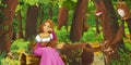Cartoon summer scene with meadow in the forest with beautiful princess girl romantic illustration