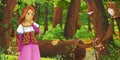 Cartoon summer scene with meadow in the forest with beautiful princess girl romantic illustration