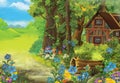 Cartoon summer scene with meadow in the forest and hidden wooden house