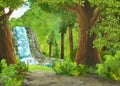 Cartoon summer scene with meadow in the forest with waterfall and stream illustration for children