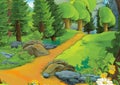 Cartoon summer scene with meadow valley - nobody on scene - illustration for children