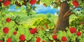 Cartoon summer scene with path in the forest or garden and bush of roses - nobody on scene - illustration for children