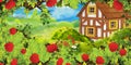 Cartoon summer scene with path in the forest or garden old farm house and bush of roses - nobody on scene - illustration for