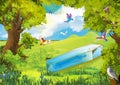 Cartoon summer scene with path in the forest and girl in glass box - illustration