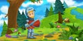 cartoon summer scene with path in the forest - nobody on scene knight prince illustration for children