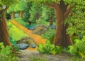 Cartoon summer scene with path to the farm village - nobody on the scene - illustration for children