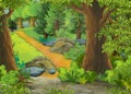 Cartoon summer scene with path to the farm village - nobody on the scene - illustration for children