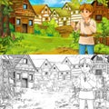 Cartoon summer scene with sketch with path to the farm village with farmer boy - illustration