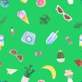 Cartoon summer seamless pattern. Ice cream, monstera, glasses Royalty Free Stock Photo