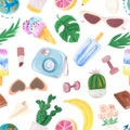 Cartoon summer seamless pattern. Ice cream, monstera, glasses Royalty Free Stock Photo