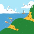 Cartoon summer seascape with cute clouds and green hills, vector illustration Royalty Free Stock Photo