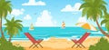 Cartoon summer seaside beach landscape. Nature paradise seashore view, tropical beach, palm tree and sky landscape flat vector Royalty Free Stock Photo