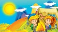 Cartoon summer or spring nature background in the mountains - with kid camping in nature with space for text - illustration for