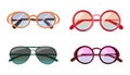 Cartoon summer sunglasses fashion designs. Modern colorful eyeglasses for protection from sunny weather