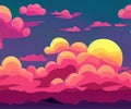 Cartoon summer sunrise with pink clouds and sunshine, cloudscape with fluffy cumulus, colorful twilight. Generative AI