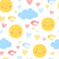 Cartoon sun, cloud. heart and bird background. Seamless pattern for kid textile and other print. Vector illustration Royalty Free Stock Photo