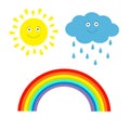 Cartoon Sun, Cloud With Rain And Rainbow Set. Isolated. Children