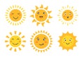 Cartoon sun emoticon characters collection, sunny faces with happy emotions and fun positive smile, funny summer