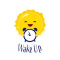 Cartoon sun holding a clock. Wake up poster. Flat style. Vector