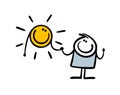 Cartoon sun with a human face holds a stickman hand. Vector illustration of warm friendly relations.