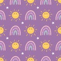 Cartoon sun with rainbow and stars on purple background, vector seamless pattern Royalty Free Stock Photo