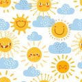 Cartoon sun seamless pattern. Print for nursery with summer sunny day sky with clouds. Cute baby sunshine with funny emoji faces