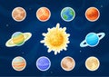 Cartoon sun and solar system planets stickers set Royalty Free Stock Photo