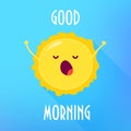 Cartoon sun stretches and yawns. Good Morning card. Flat style. Vector illustration Royalty Free Stock Photo