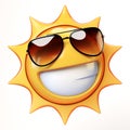 Cartoon sun with sunglasses emoji isolated on white background, sunshine emoticon 3d rendering Royalty Free Stock Photo