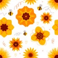 Cartoon sunflower seamless pattern. Cute honey bees with decorative sunny flowers, insects and oilseeds plants, summer