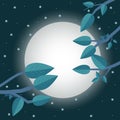 Cartoon sunset. Flat vector illustration, trees, leaf, moon and