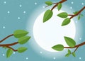 Cartoon sunset. Flat vector illustration, trees, leaf, moon and