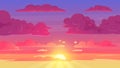 Cartoon sunset sky. Gradient violet and yellow sky clouds landscape, evening sunset heaven panorama vector background