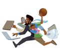 Cartoon super busy black man and father multitasking in work Royalty Free Stock Photo