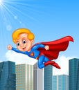 Cartoon superhero boy with skyscraper background