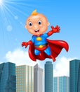 Cartoon superhero boy with skyscraper background