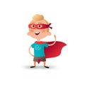 Cartoon superhero boy standing with cape waving in the wind. Happy little hero kid. Children character in red supermen