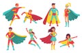 Cartoon superhero characters. Female and male flying superheroes with superpowers. Brave superman and superwoman Royalty Free Stock Photo
