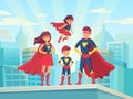 Cartoon superhero family. Mom dad and childrens in superheroes costumes. Super parents and kids heroes on cityscape